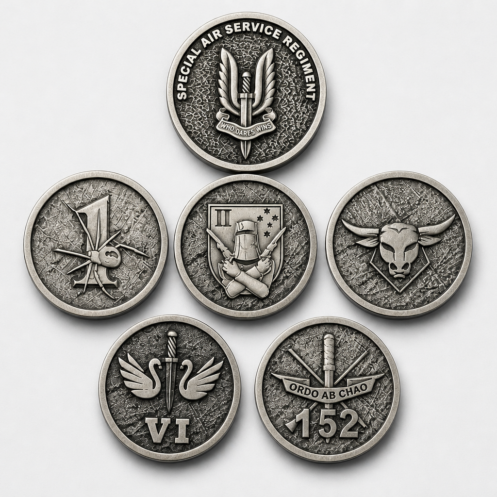 Set of silver SAS CHALLENGE coins with various designs on a white background