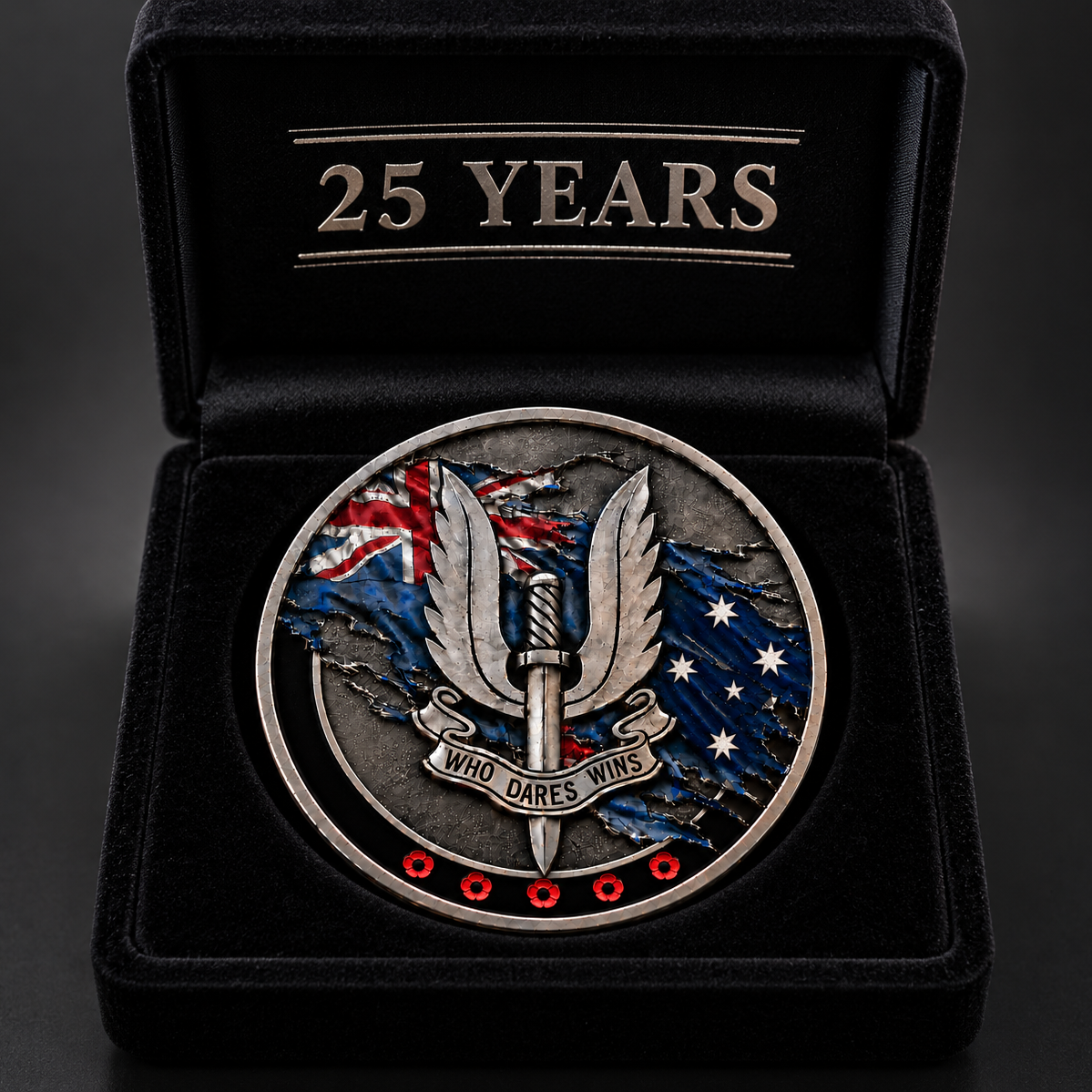 A commemorative military coin displayed inside an open black presentation box. The coin features a silver-toned winged dagger emblem with a banner reading 'WHO DARES WINS,' blue and red flag elements, and small red poppy details around the bottom edge.