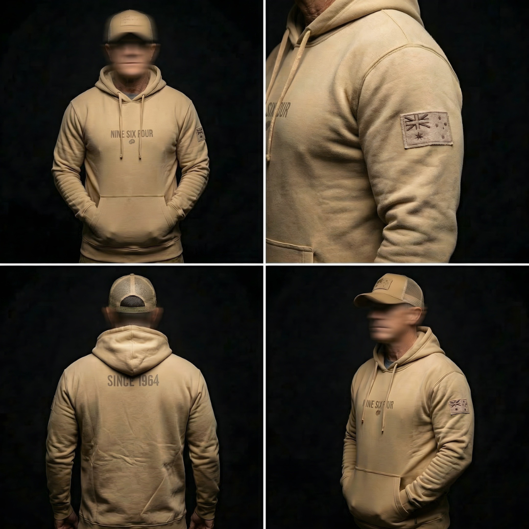 Collage of a person wearing a beige hoodie with various angles and details.