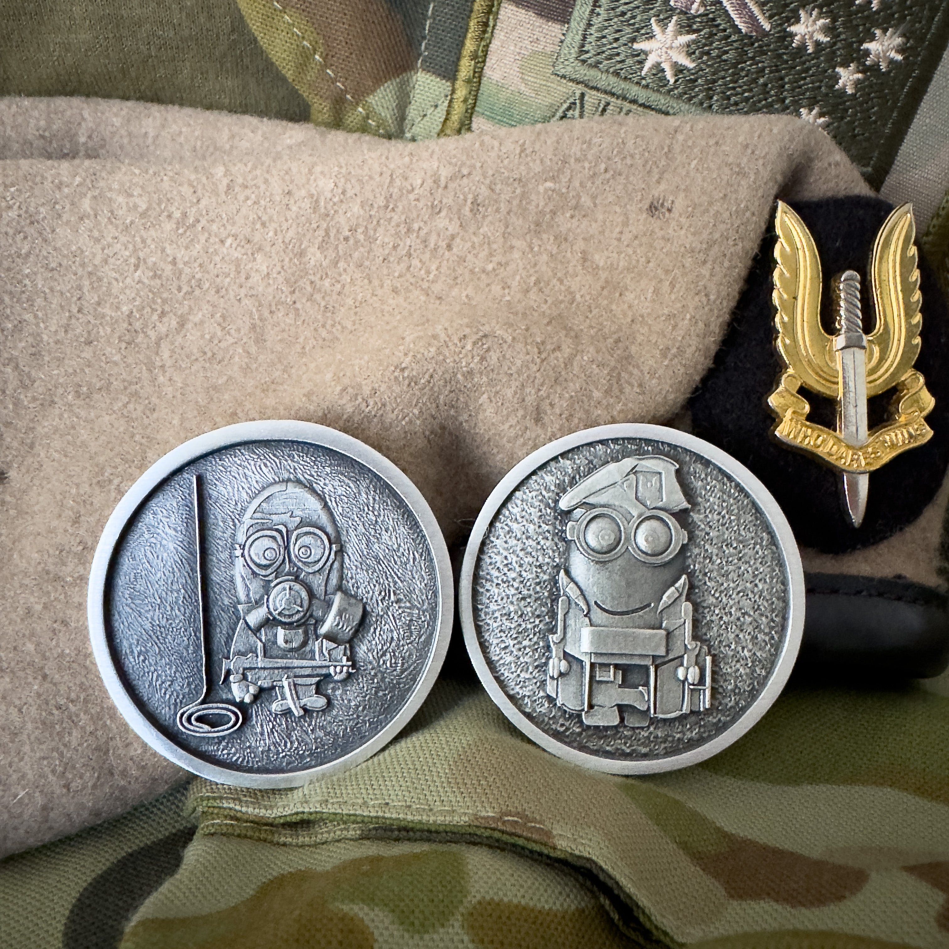 Australian SAS challenge coin featuring detailed soldier design with military patches and insignia