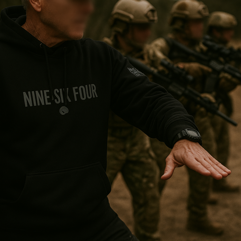 Official SAS merchandise hoodie by NINESIXFOUR worn by man in outdoor military training setting