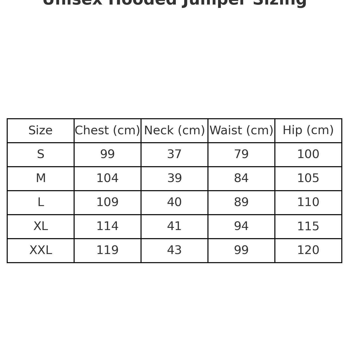 Unisex hooded jumper sizing chart with chest neck waist and hip measurements for official SAS merchandise hoodie