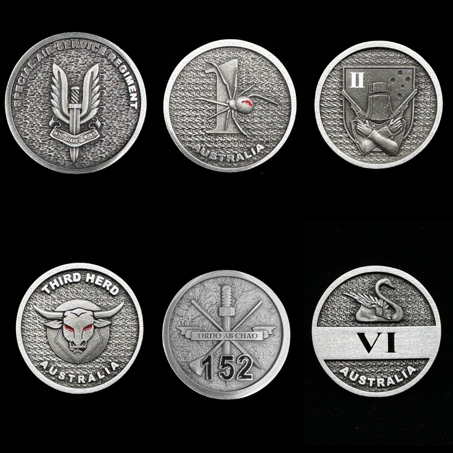 Six silver Australian military challenge coins with detailed engraved insignias and symbols