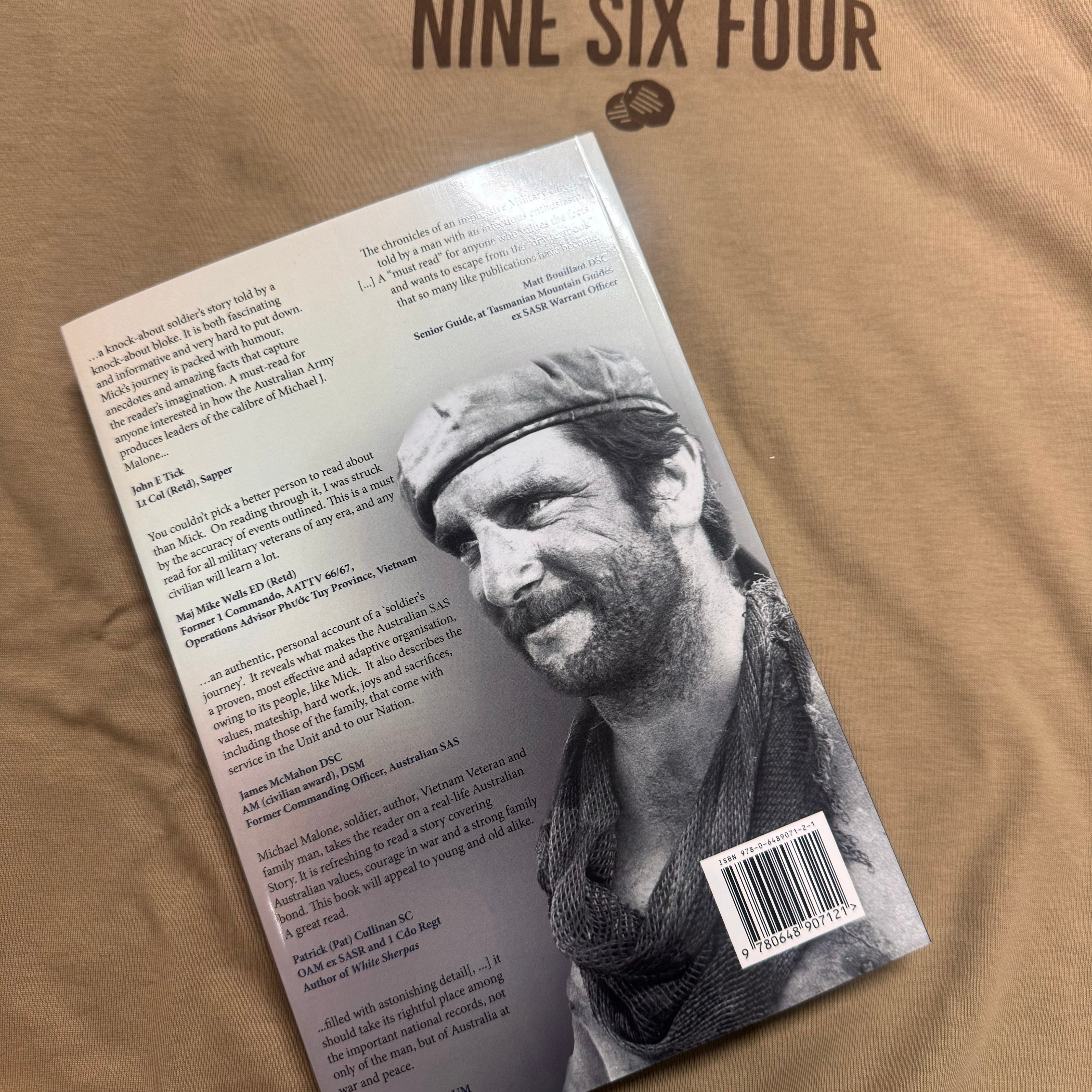 Two Ranks on the Road signed edition book showing back cover with black and white photo on beige fabric
