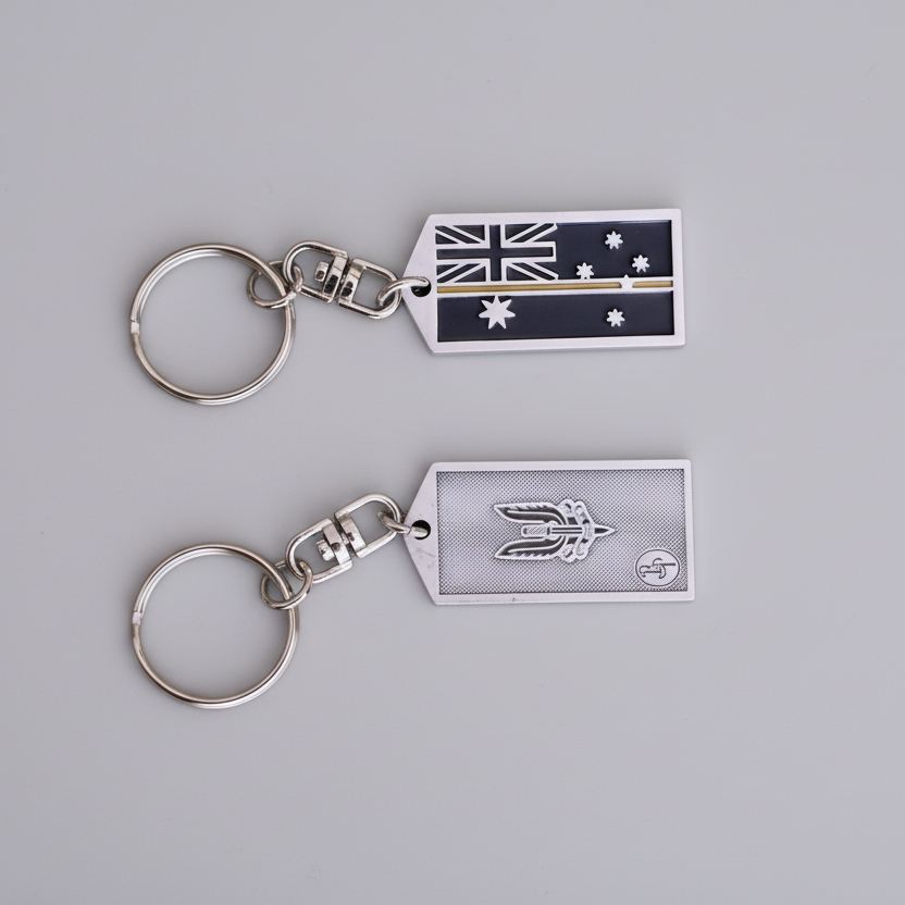 A collection of pewter keyrings with various stripes and Australian flag elements, representing different service groups.