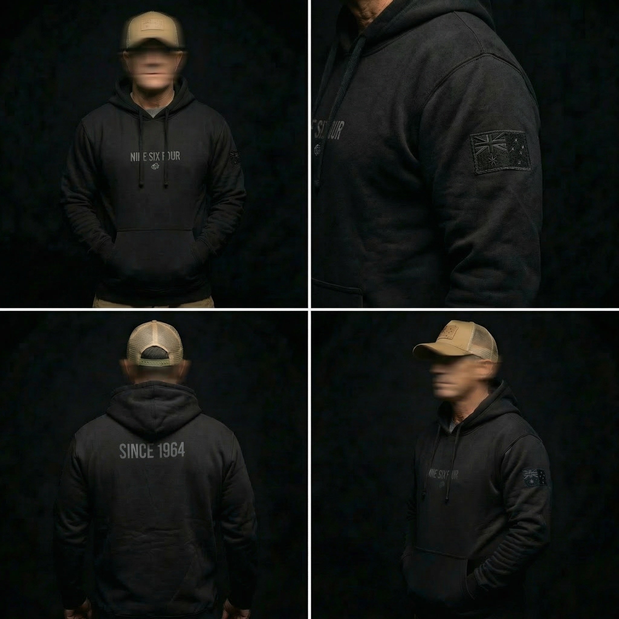 Black hoodie with branding and a cap worn by a person on a dark background