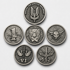 Set of silver SAS CHALLENGE coins with various designs on a white background