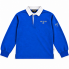 A royal blue long-sleeve rugby shirt with a white collar, featuring 'NINE SIX FOUR' printed in white on the left chest and a small white patch on the right sleeve, displayed flat against a white background.