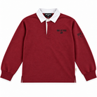A long-sleeve rugby shirt in deep maroon red with a contrasting white collar, featuring 'NINE SIX FOUR' printed in black on the left chest and a sleeve patch.