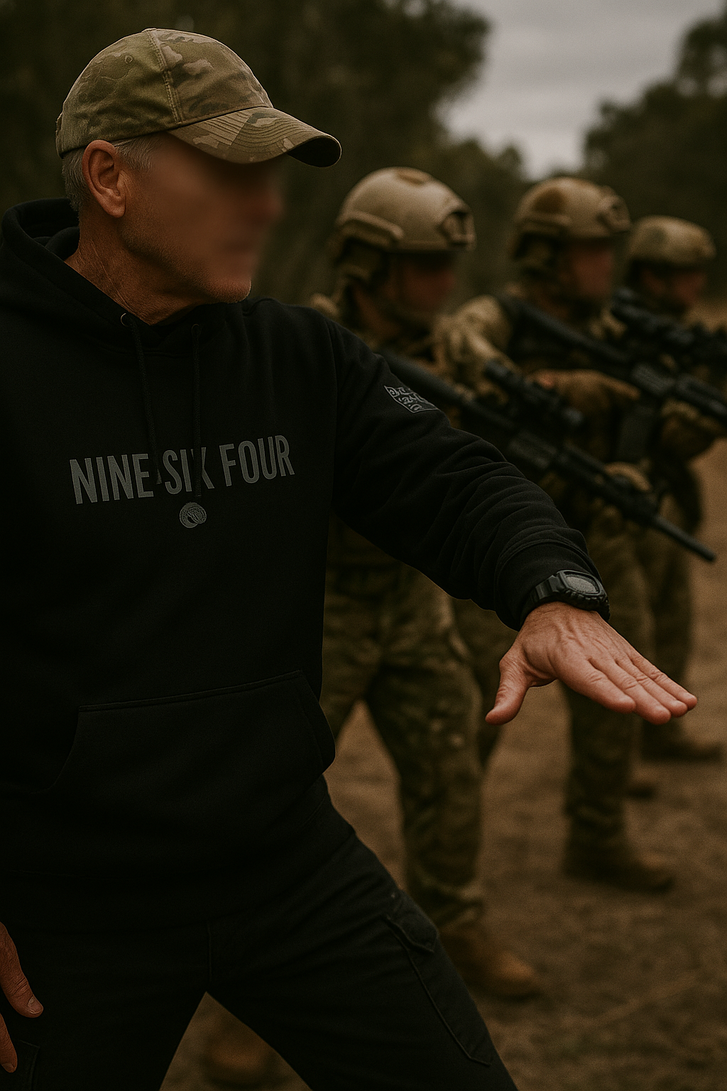 Official SAS merchandise hoodie by NINESIXFOUR worn by man in outdoor military training setting