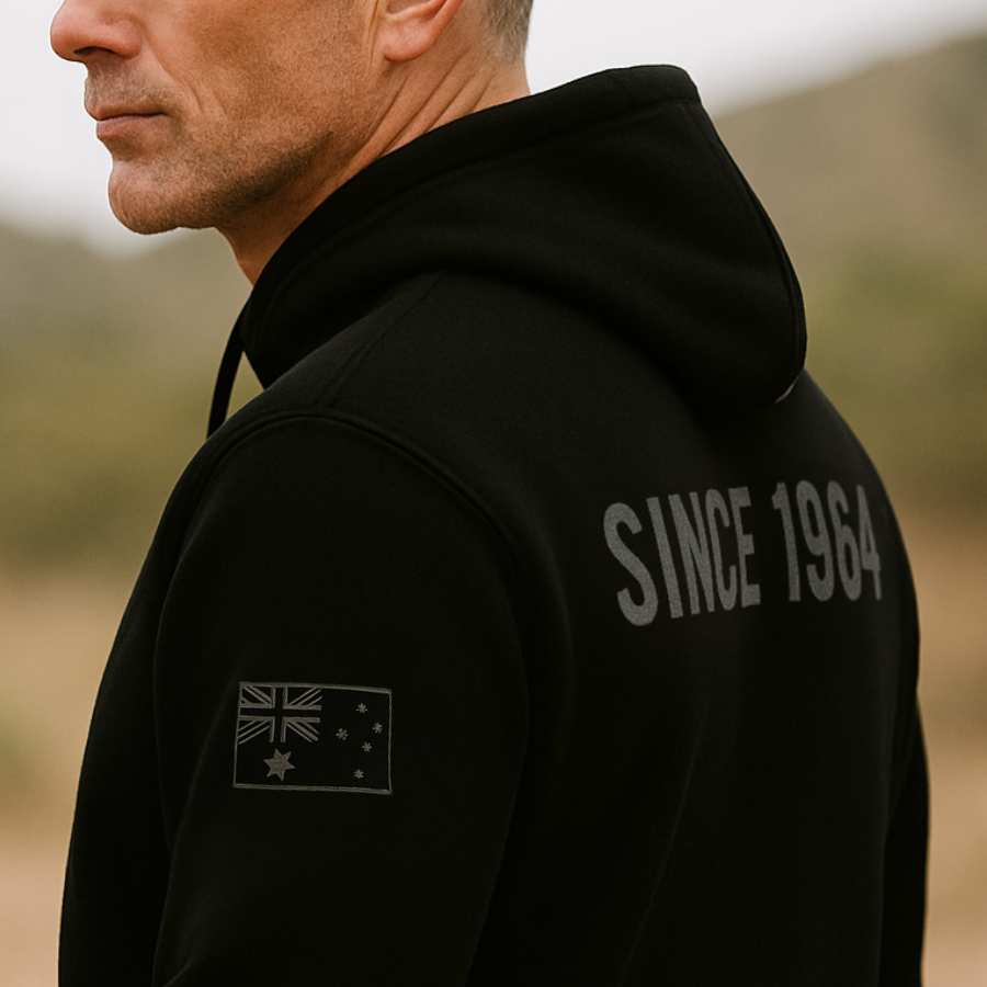 Black official SAS merchandise hoodie with Since 1964 text and flag patch on sleeve