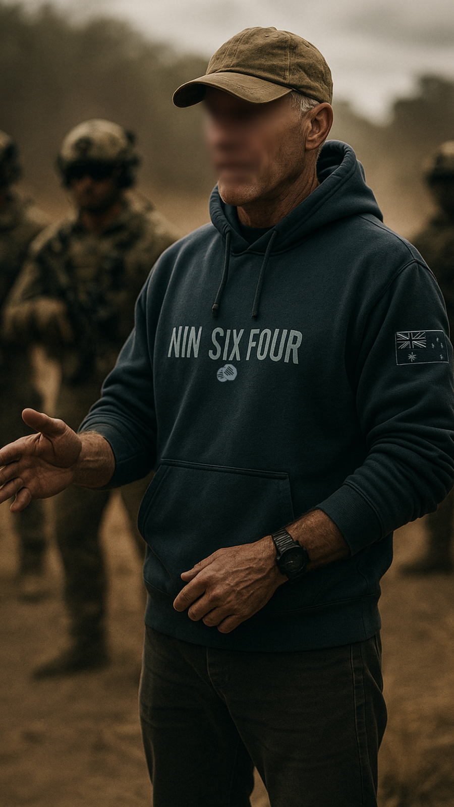 Man wearing official SAS merchandise hoodie by NINESIXFOUR in navy blue with front logo and patch