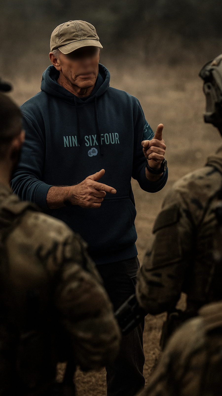 Man wearing official SAS merchandise hoodie by NINESIXFOUR while briefing soldiers outdoors