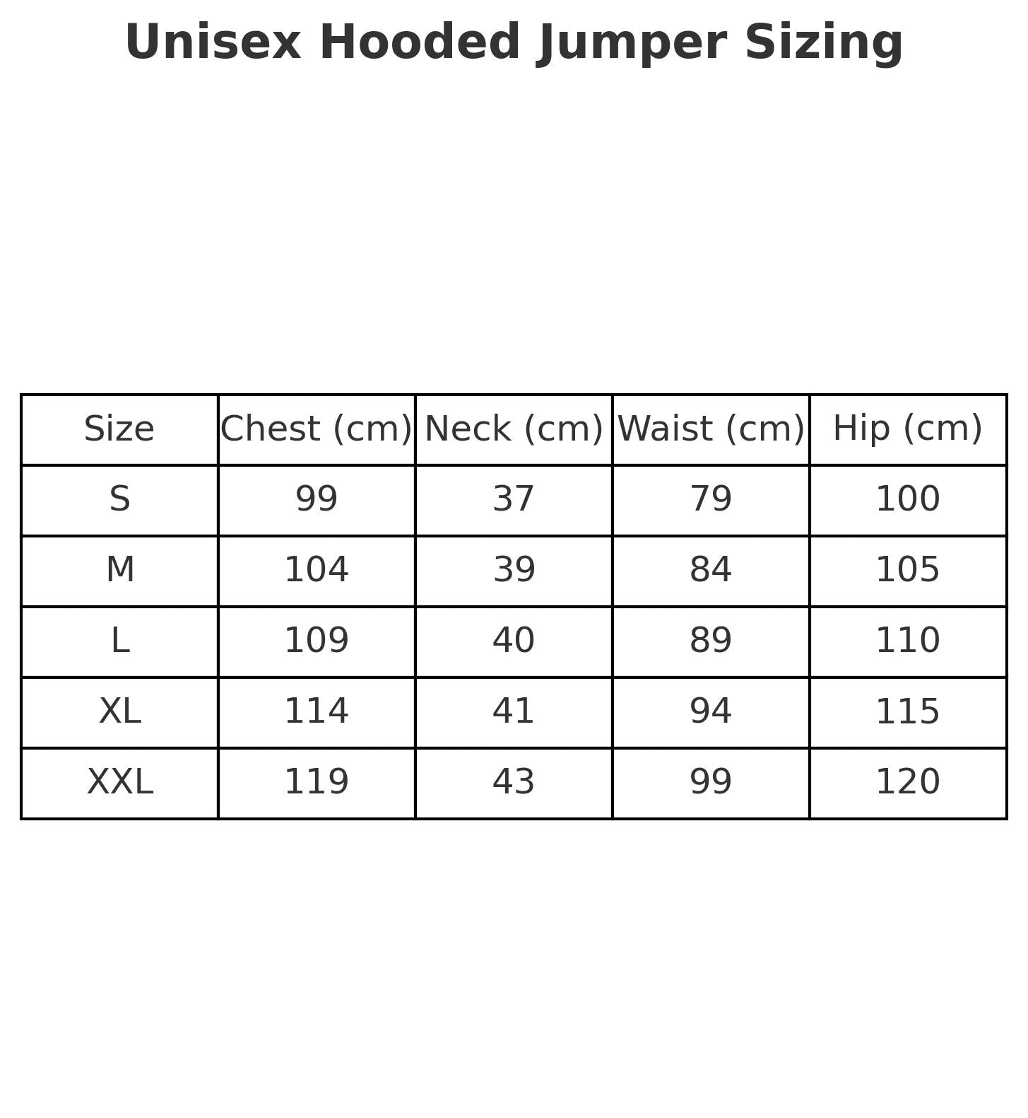 Unisex hooded jumper sizing chart with chest neck waist and hip measurements for official SAS merchandise hoodie