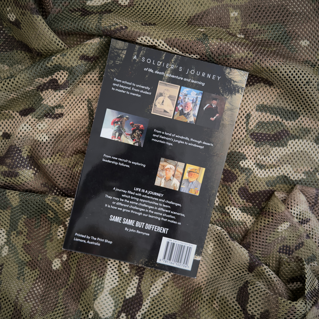 Back cover of A Soldier's Journey book by ninesixfour with camouflage background and images.
